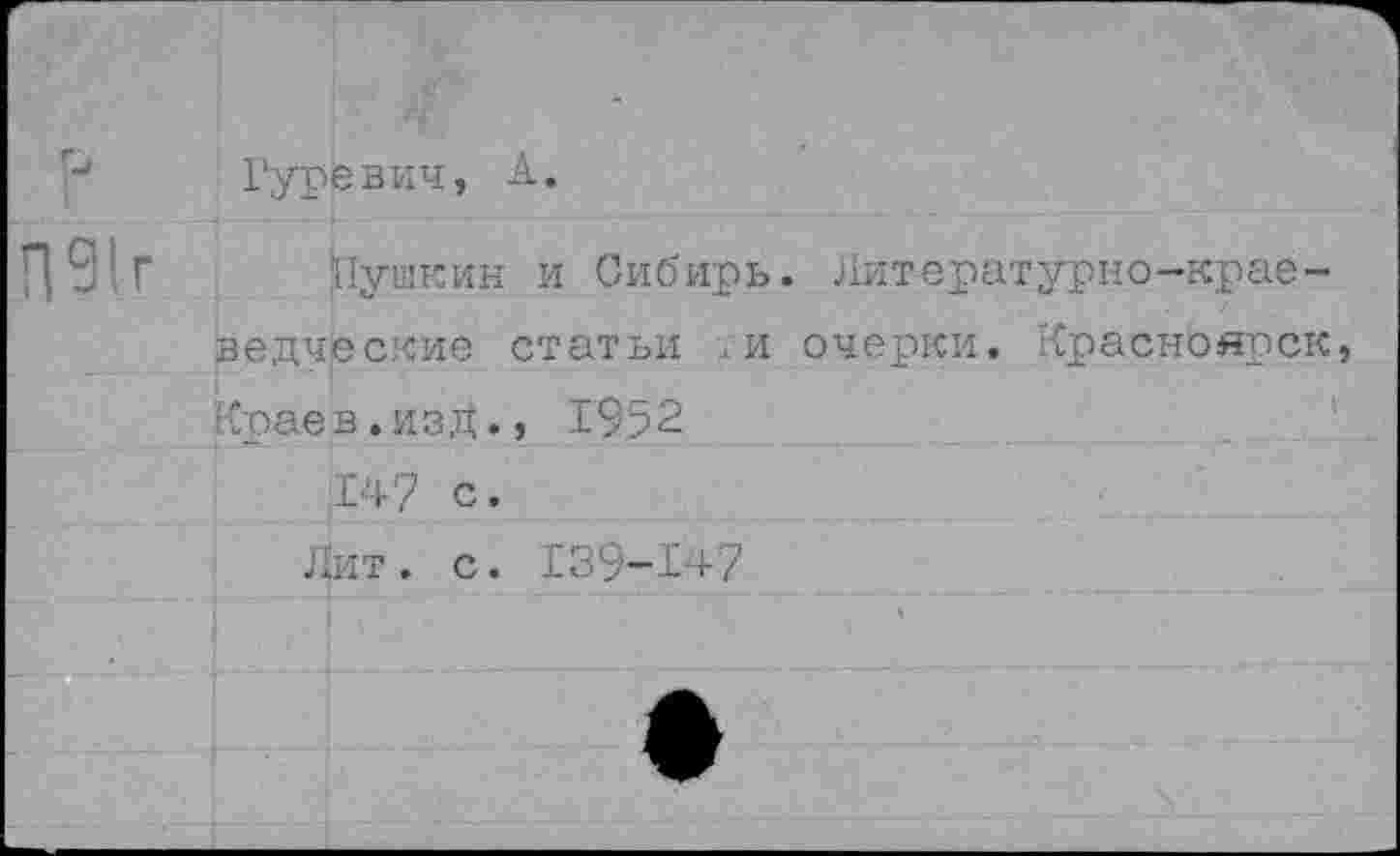 ﻿Гуревич, А.
Пушкин и Сибирь. Литературно-краеведческие статьи .и очерки. Красноярск, Краев.изд., 1952
147 с.
Лит. с. 139-147